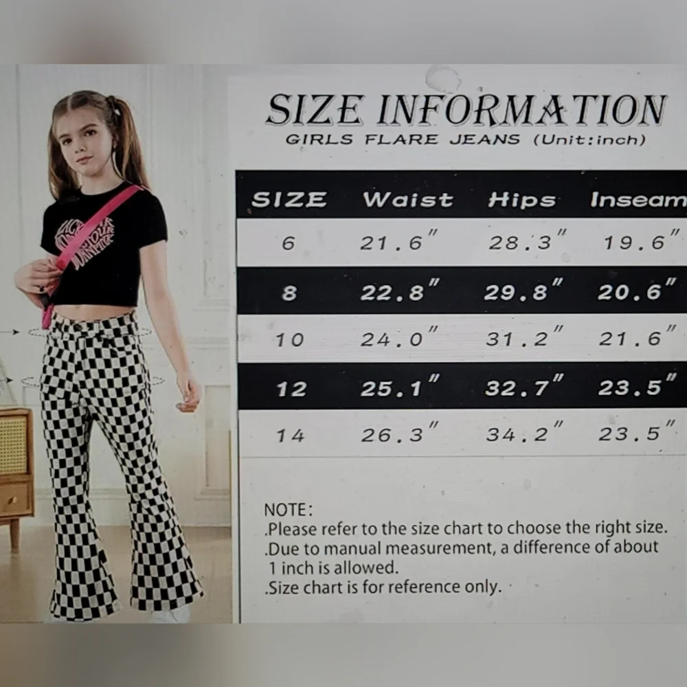 NwT. GIRLS stretch 70s bell bottom flare pants checkered size 10 - Picture 3 of 12